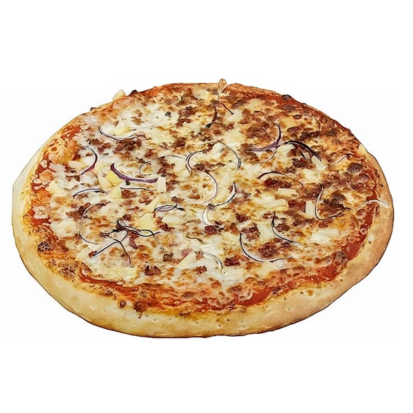 Nozzleman pizza with ground meat, pineapple, and onions on a white background.