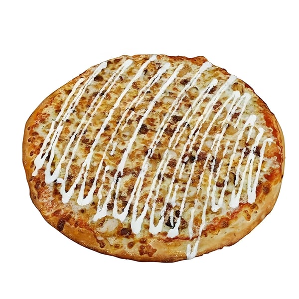 Nozzleman pizza with a white sauce drizzle over a cheesy, meaty topping on a white background.