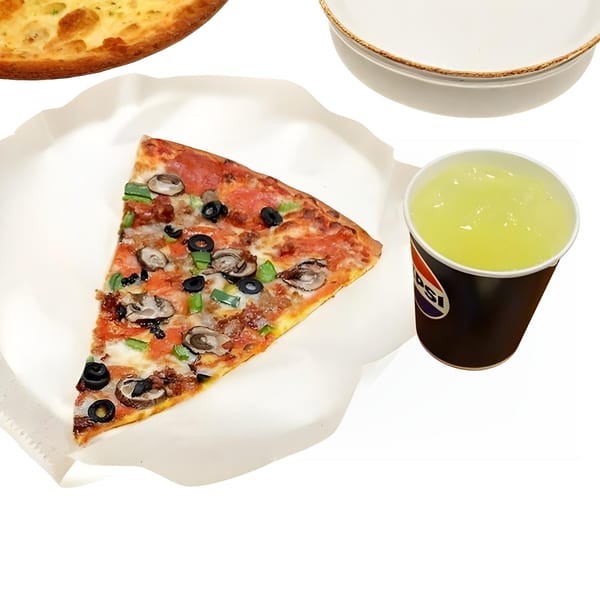 A slice of Nozzleman pizza with mushrooms, olives, and green peppers, next to a Pepsi cup.