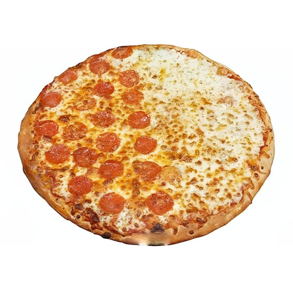 Nozzleman pizza with half pepperoni and half plain cheese on a white background.