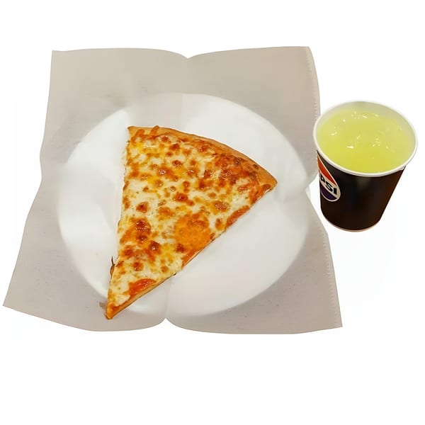 A slice of Nozzleman cheese pizza on a white plate with a Pepsi cup of lemonade.