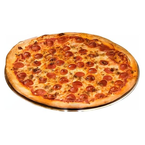 Nozzleman pizza with pepperoni and sausage on a round metal tray.